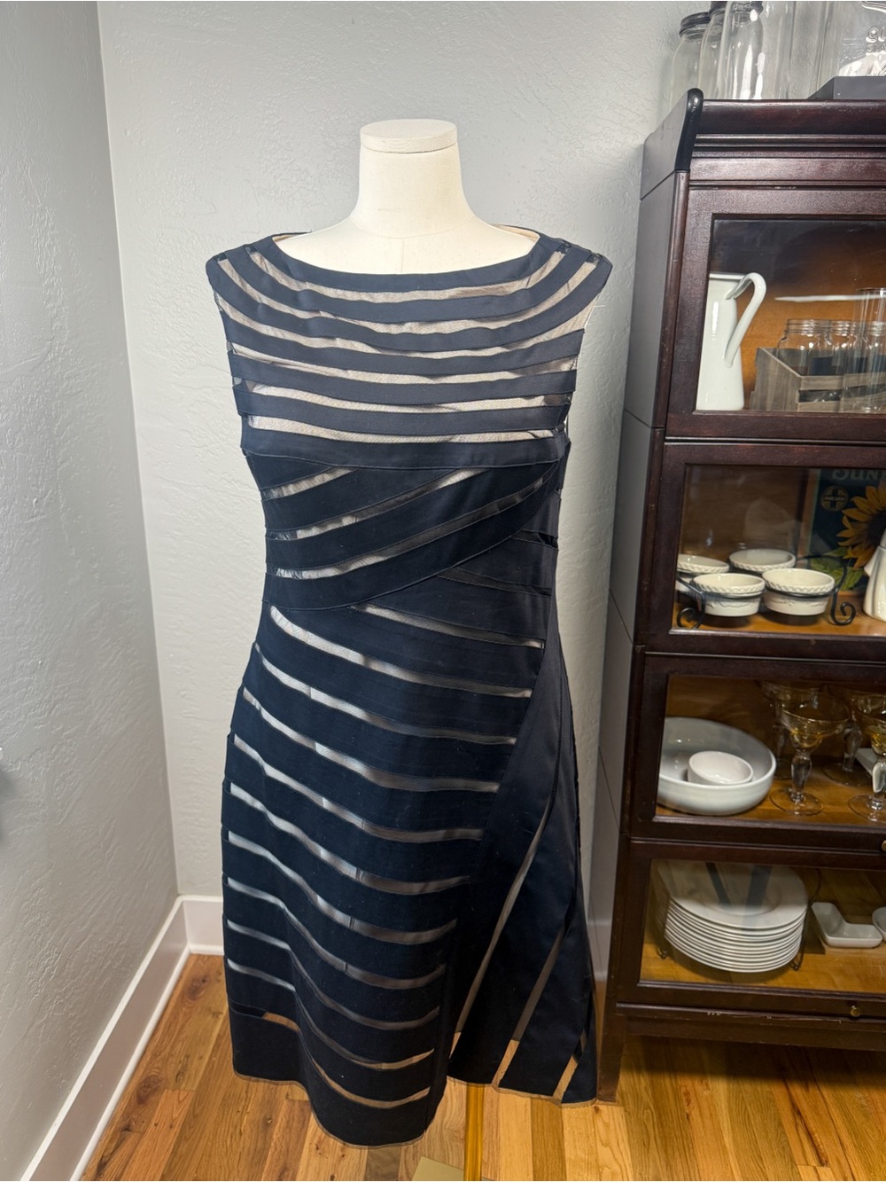 Adrianna Papell Black Nude Illusion Mesh Stripe Fit & Flare Dress Size 16
